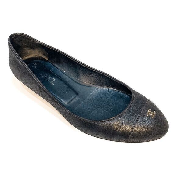 Chanel Interlocking CC Logo Black Cap Toe Ballet Flats EU 37.5 US 6.5-7 Slip on - Picture 1 of 10